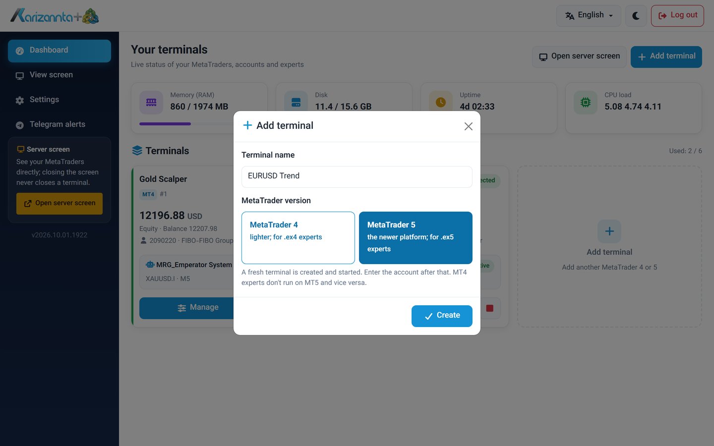Adding a new terminal and choosing between MetaTrader 4 and MetaTrader 5