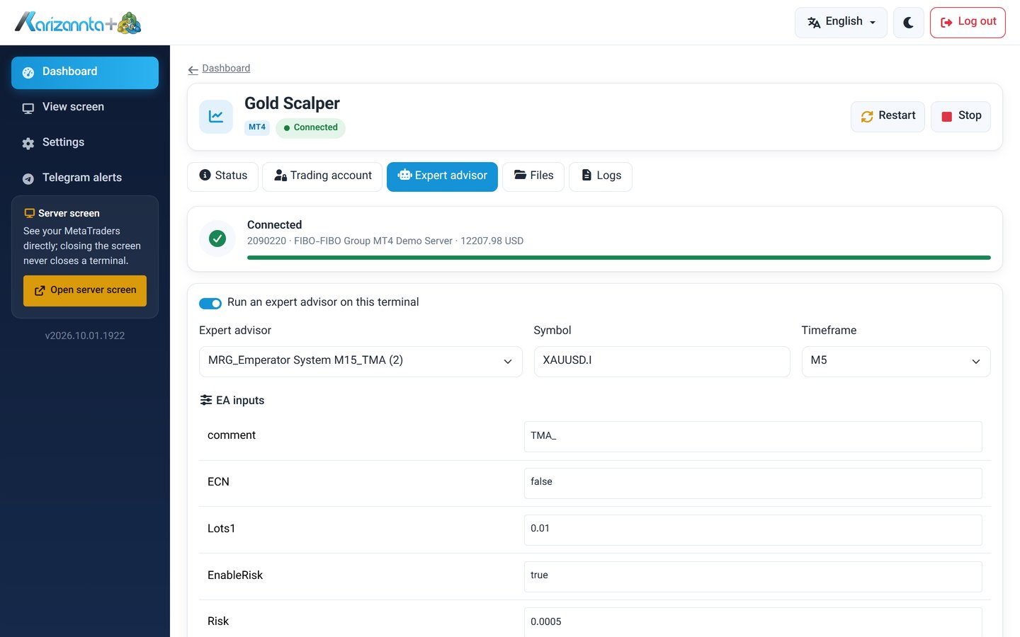 Expert advisor inputs edited as a form in the MetaTrader VPS panel