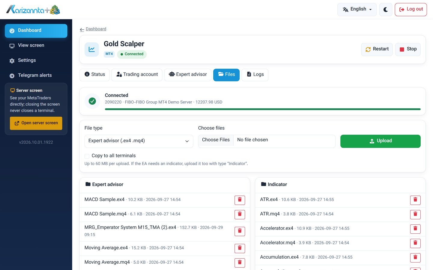 File upload page with expert advisors and indicators installed in a terminal