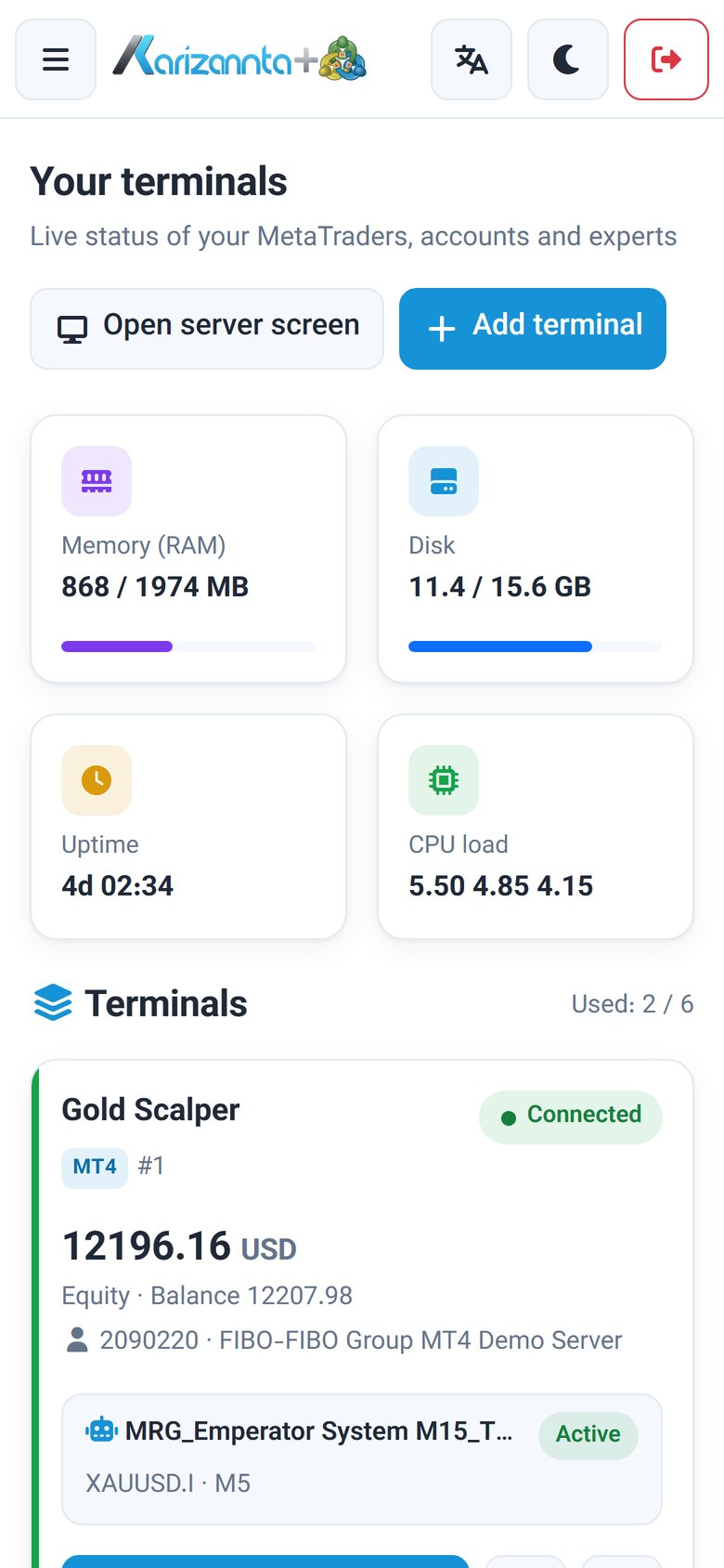 MetaTrader VPS panel on a phone