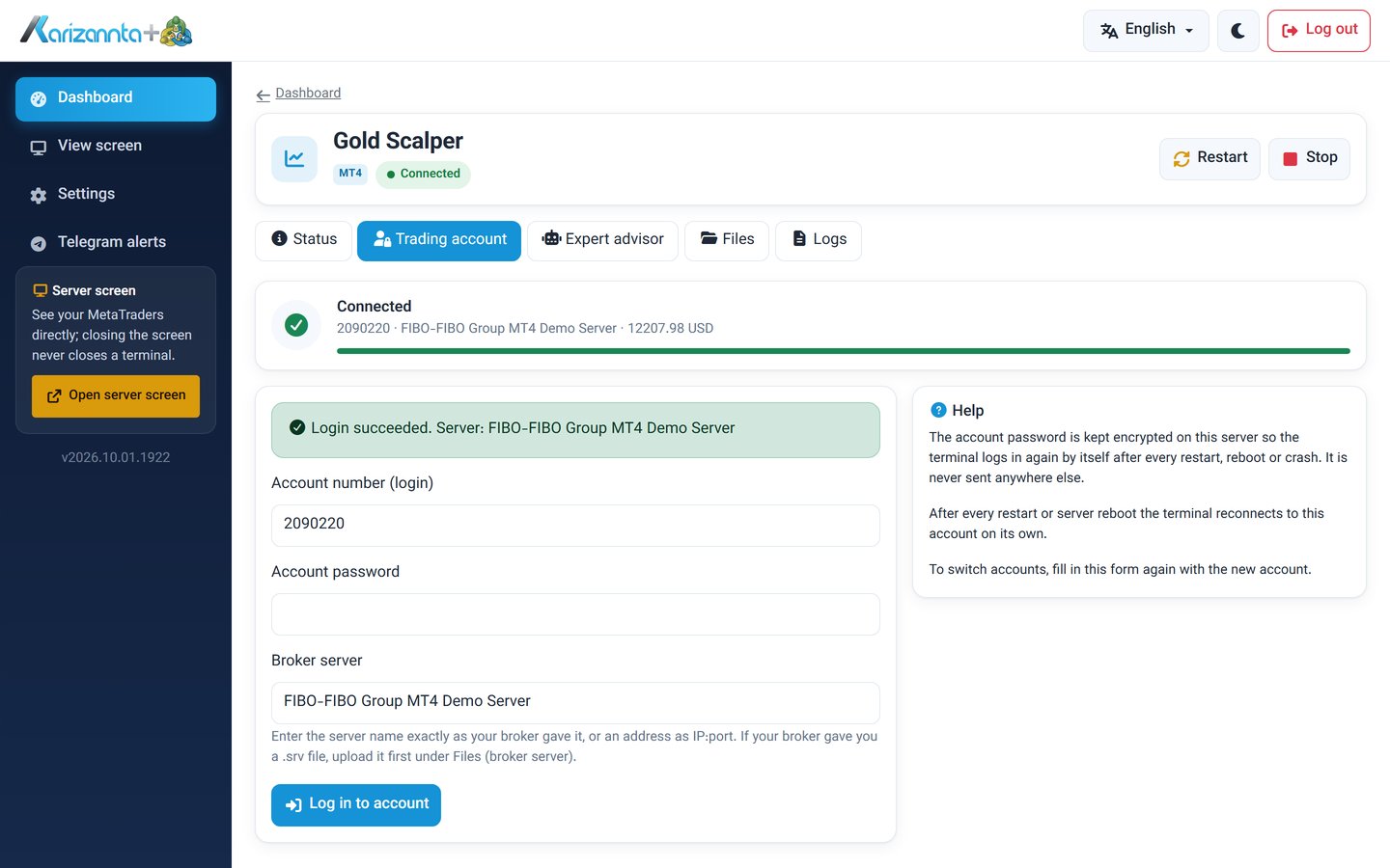 Trading account form with a successful login to the broker server
